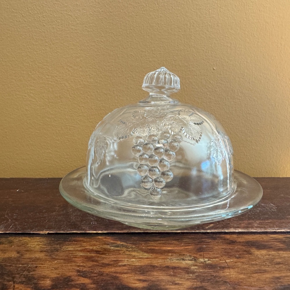 Vintage Glass Butter Dish Dome Plate Embossed Grapes Leaves Elegant Kitchenware
